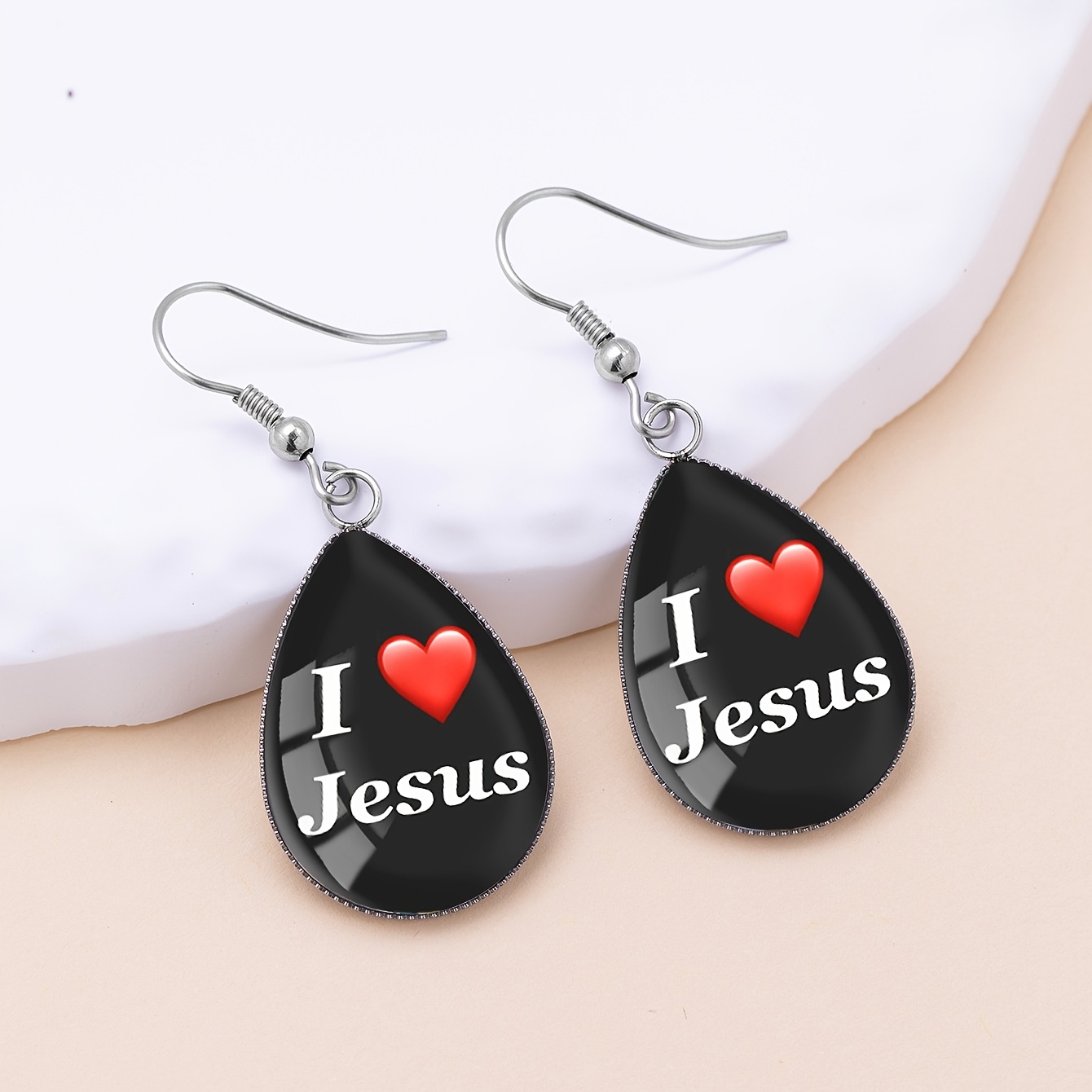 Black Heart-Shaped Letter Pattern Water Drop Ear Hooks